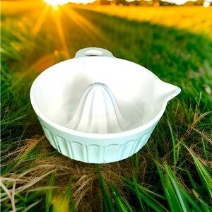 White Ceramic Citrus Juicer Reamer Saucer Dish Pour Spout Handle Ribbed